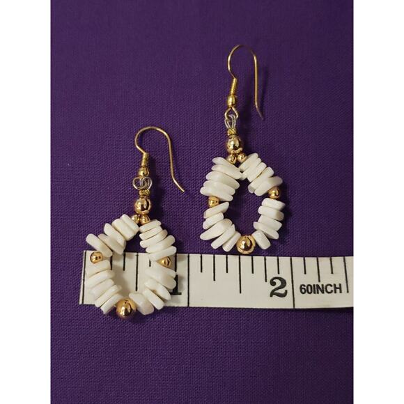 Shell Chip Dangle Hoop Earrings, Bright White Polished Smooth, Gold Tone Accents - Picture 9 of 9